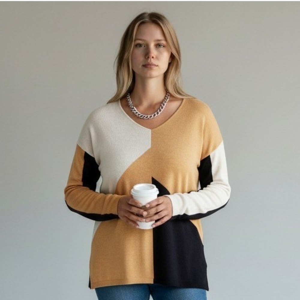 INC International Concepts Womens 2X Colorblock Step Hem V-Neck Sweater Tan Blac